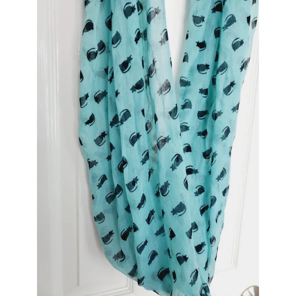 Teal Blue Cat Print Infinity Scarf Festival Whimsical‎ Gauze Quirky